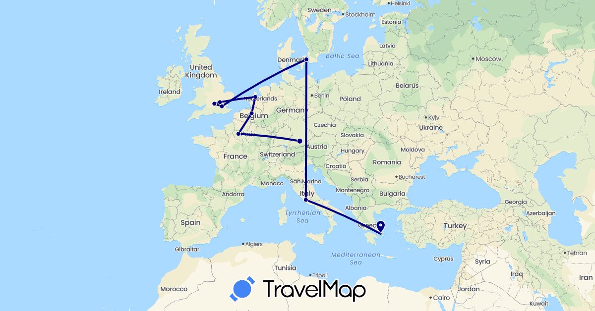 TravelMap itinerary: driving in Belgium, Germany, Denmark, France, United Kingdom, Greece, Italy, Netherlands (Europe)