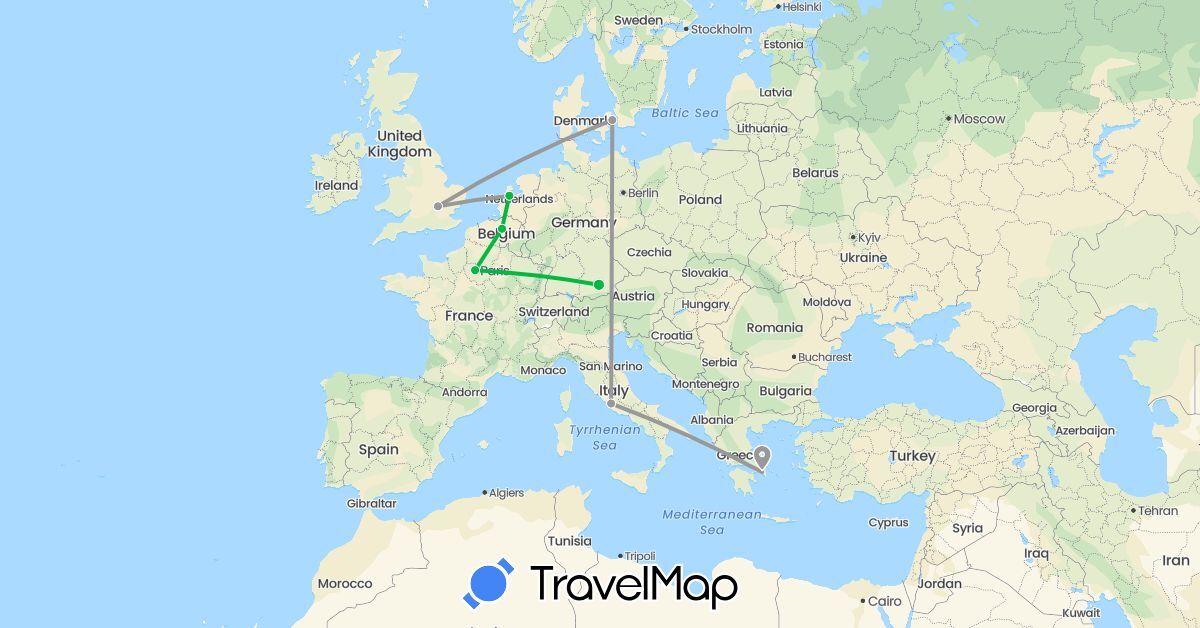 TravelMap itinerary: driving, bus, plane in Belgium, Germany, Denmark, France, United Kingdom, Greece, Italy, Netherlands (Europe)